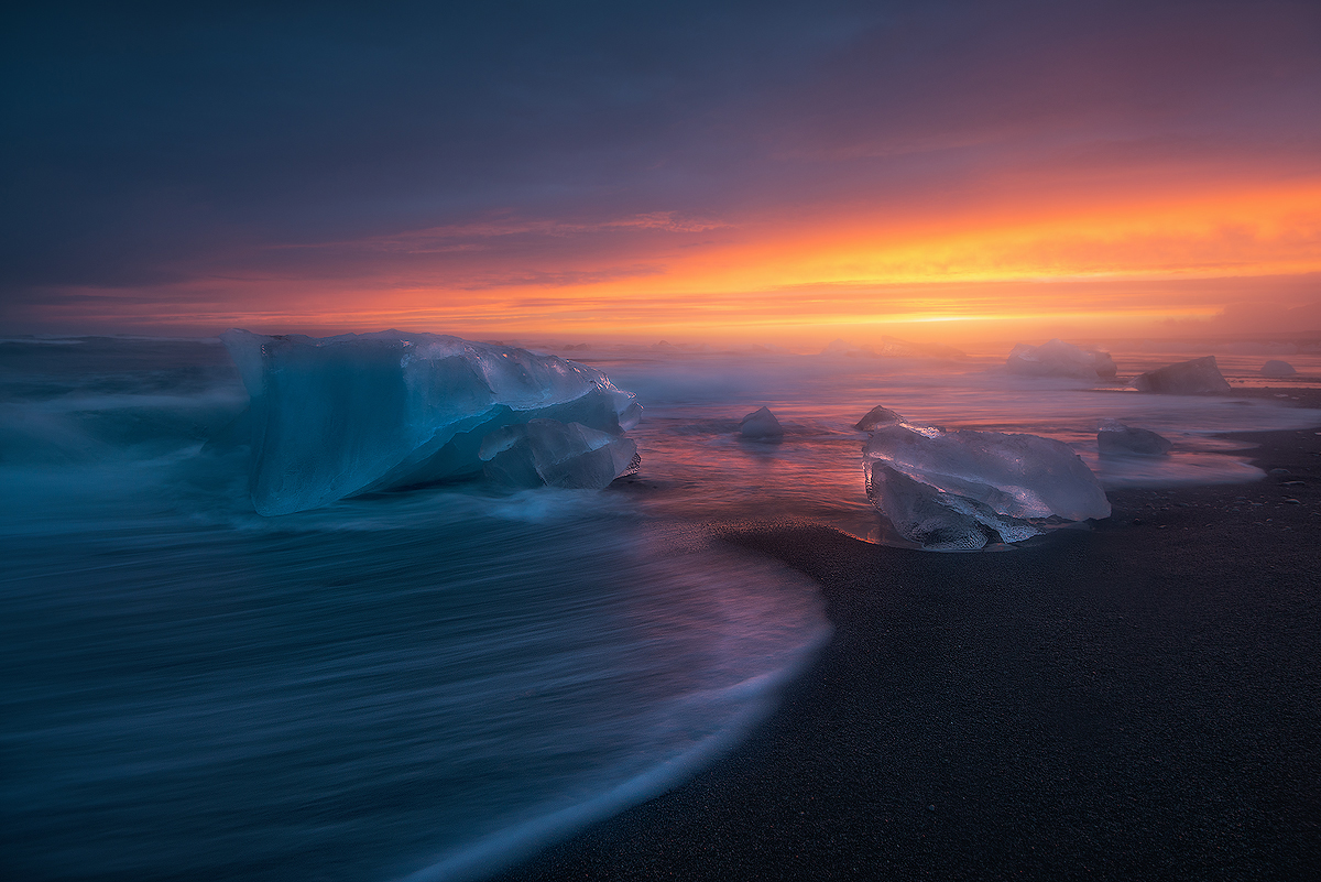 The ice blocks on the black beach Breiðamerkursandur, Iceland